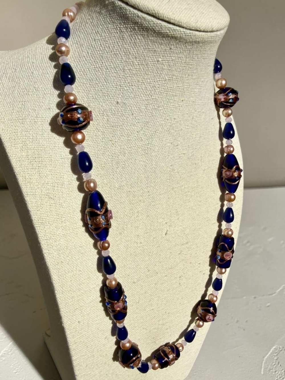 Venetian Wedding Cake Bead Necklace Blue Jade Genuine Pearl Pink Crystal 20” - Picture 4 of 17